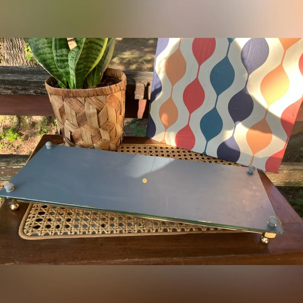 Vintage Rectangular Glass Mirror Vanity Tray with Brass Accents
